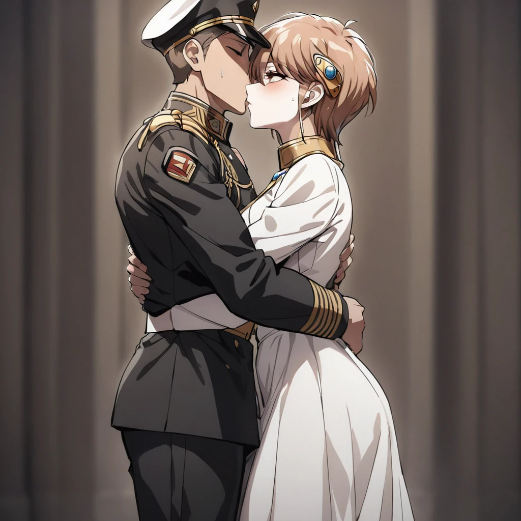 ((Highest quality)), ((masterpiece)), (detailed), （Perfect Face）、The woman is Princess Leona, with medium-long light brown hair. She is wearing a black military uniform and a military cap, and is standing upright with good posture while being hugged and kissed by a dignified male general.、Women are brainwashed, expressionless, and have no highlights in their eyes.