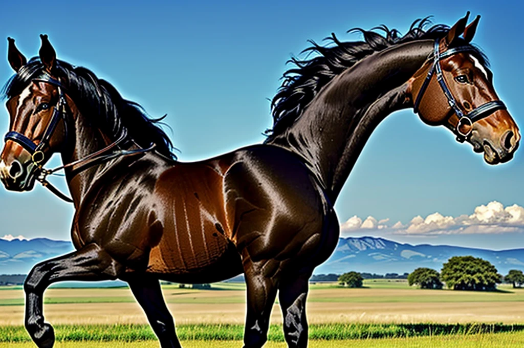  full figured very dark skinned African woman riding a big  Belgian draft horse  mare (side view). big bum. very short tail. horse facing horizon .   flat grass meadow. steaming horse dung behind horse.   cloudless blue sky. 