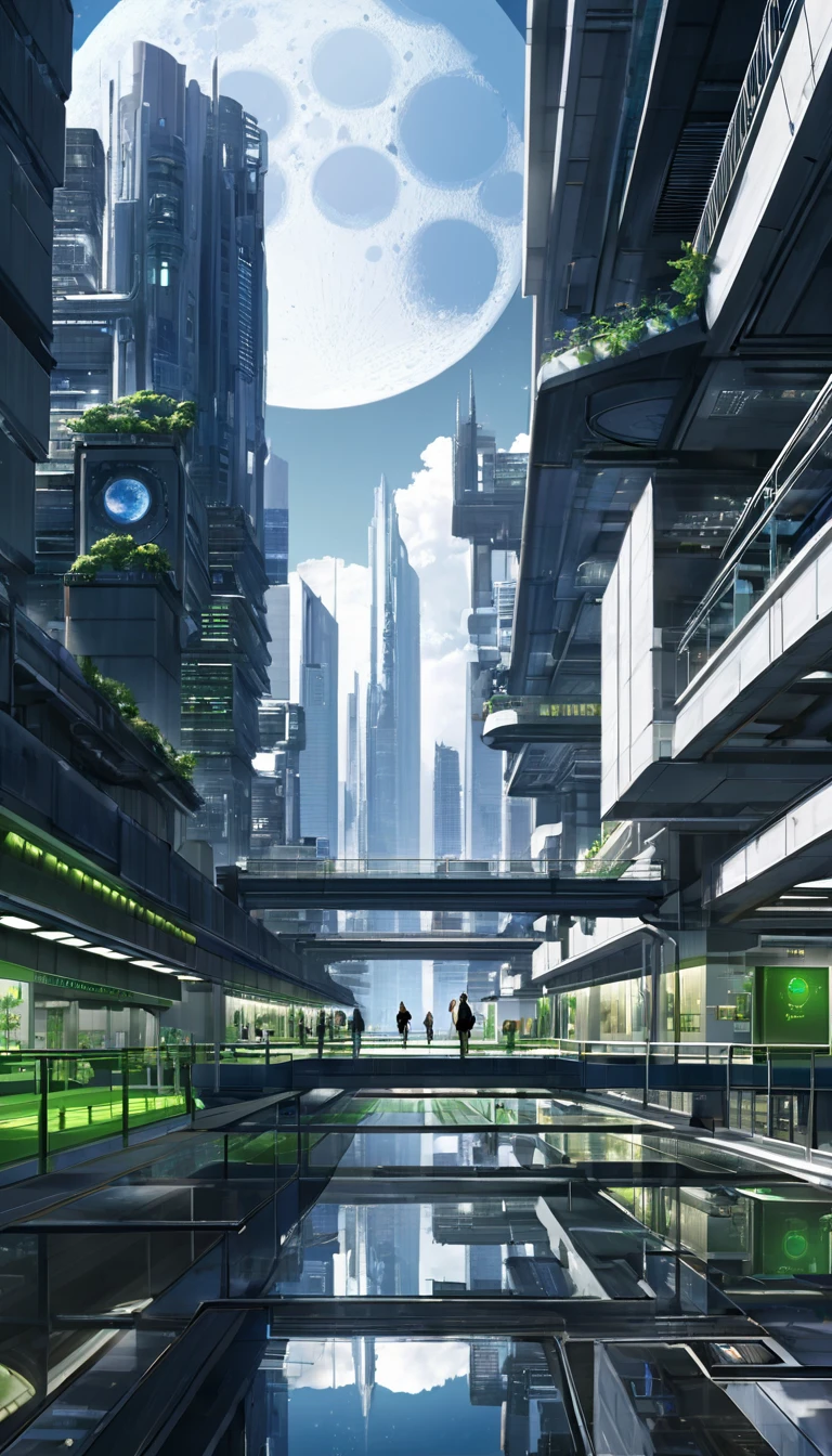 Background setting time: 2150 Location: Moon surface, A closed interstellar urban environment located near the lunar equator: Magnificent lunar landscape,Interstellar city glitters among silvery moon rocks, Blue earth hanging in the distant sky. scene one: Interstellar City Building Exterior Design: Skyscrapers soar into the sky, Made of transparent and reflective material. Futuristic public facilities,Such as floating parks and skywalks. Solar and nuclear power plants, Advanced green energy technology. Live at the event: Citizens walking in the skywalk. Maintain and clean the city's and automation systems.使用Moon surface的灰色沙漠景观作为背景. Dark sky full of stars