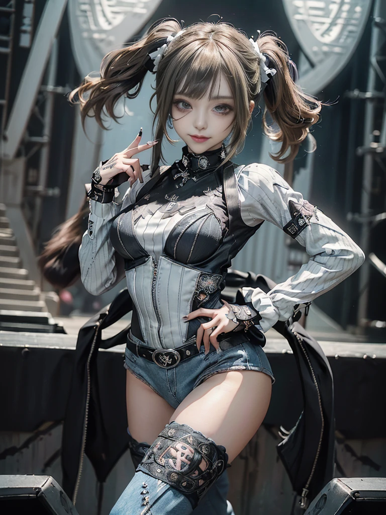 (Full Body View:1.3)、(Side view:1.1)、(Smiling with teeth showing:1.3),(Shibuya Gal:1.5)、(Gothic Lolita style fashion:1.5)、(Punk RockVisual Kei:1.5)、(Wearing a rhythmic gymnastics bodysuit with intricate details:1.4)、(Racing suit and pants with intricate decorations in white, denim and charcoal:1.5)、(Denim and light blue and white boots:1.3)、((belt))、(Numerous delicate logo marks all over the costume:1.4)、(collar:1.3)、(Striped underwear:1.5)、20-year-old、NSFW、((Highest quality、In 8K、masterpiece:1.3))、Sharp focus:1.2、(Layered Cut、Huge boobs:1.1),Beautiful woman with perfect figure:1.4、(Dancing vigorously:1.3)、Slender Abs:1.2、Highly detailed face and skin texture、Detailed eyes、double eyelid,(Twin tails:1.3)、(Brown-golden hair:1.3)、Gravure idol、(The background is the stage of the fashion show:1.3)、(Slim body:1.3),(Make your legs thinner:1.4),（clavicle:1.1）、(Thin and slim thighs:1.3)