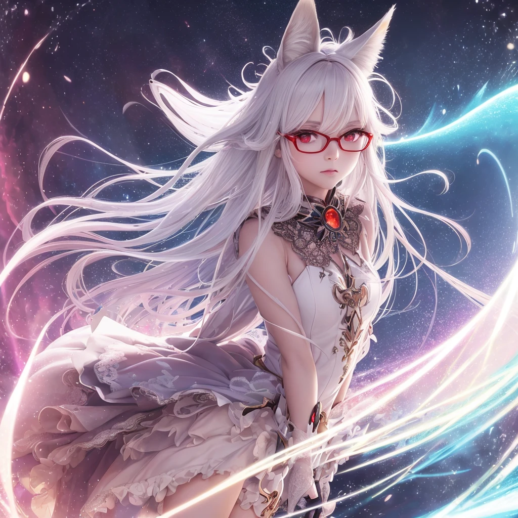 best quality, 8K, original photo, Ridiculous, Extremely detailed, Fox-eared maiden，baby face, No makeup, Provocative expressions，slim, Perfect proportion, White straight hair, (wind, wind-effect), Red Eyes, Various visual styles for backgrounds，combines various artistic elements，like a sparkling iridescent rainbow，Fox tail，Lace dress，wearing glasses