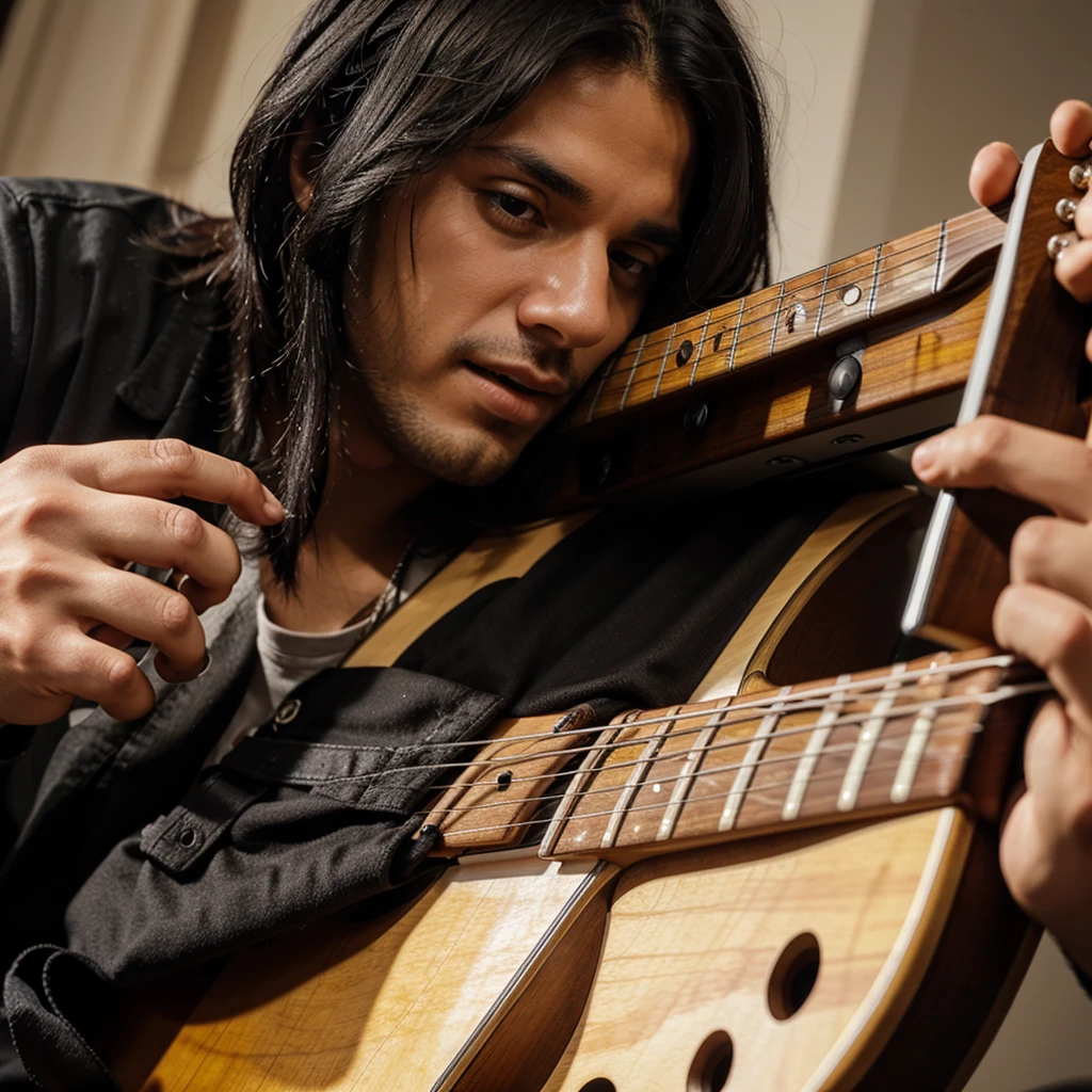guy with black hair playing guitar close up