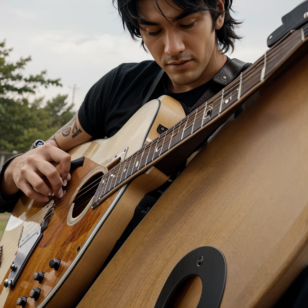 guy with black hair playing guitar close up