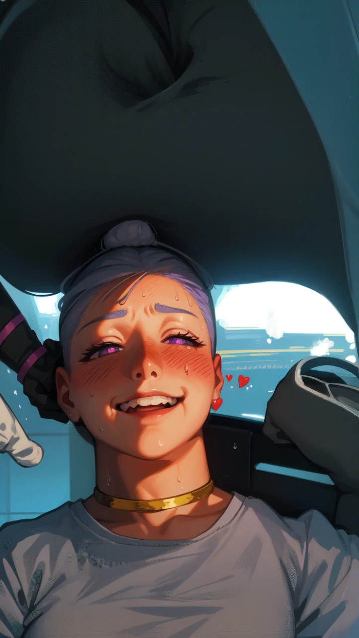 1girl,heart-shaped pupils,fingernails,hands on own face,white hair,purple eyes,(blush:1.1),choker,upper body,trembling,sweat,sweatdrop,heart,(speed lines:1.1),medium breasts, ((heavy breathing:1.3)), love, heart, crop top, happy, smile