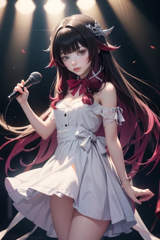 Columbina_(genshin impact) VTuber, multicolored hair, black hair, pink hair, close eyes, mask, flowing hair, floating hair, ornament hair, perfectly body, perfectly hands, dark pink rose on hair, 1 girl, Looking at the audience, flowing hair, Beautiful Eyes, Plump and glossy lips, Idol, white dress with too many frills, white dress, magenta laces, black Short skirt, Drape clothes, magenta gem, Lace trim, bright stage, luxury gold details, gold jewelry, more details, best quality, Big sparkling eyes, blushing, white Striped Lace Stockings, white Lolita skirt, sparkle, solo, centered girl, cowboy shot, perfectly body, perfectly hands, two arms, two legs, two hands, five fingers, perfect anatomy, glowing hair, red roses, 1girl, dress, solo, flowing hair, floating hair, ornament hair, perfectly body, perfectly hands, on the stage, sparkles, more details on her clothes, dress with transparency, golden details on her dress, night, holding a microphone, cape ((4k, masterpiece, top-quality)), 8k, best quality, high resolution, UHD, (illustration:0.8), super cute girl, delicate and beautiful face, mature girl, super cute hairstyle, (beautiful detailed eyes:1.6), extremely detailed face, perfect lighting, extremely detailed CG, (perfect hands, perfect anatomy), Best quality, cleavage, small skirt, full Body, two arms, two legs, two hands, five fingers