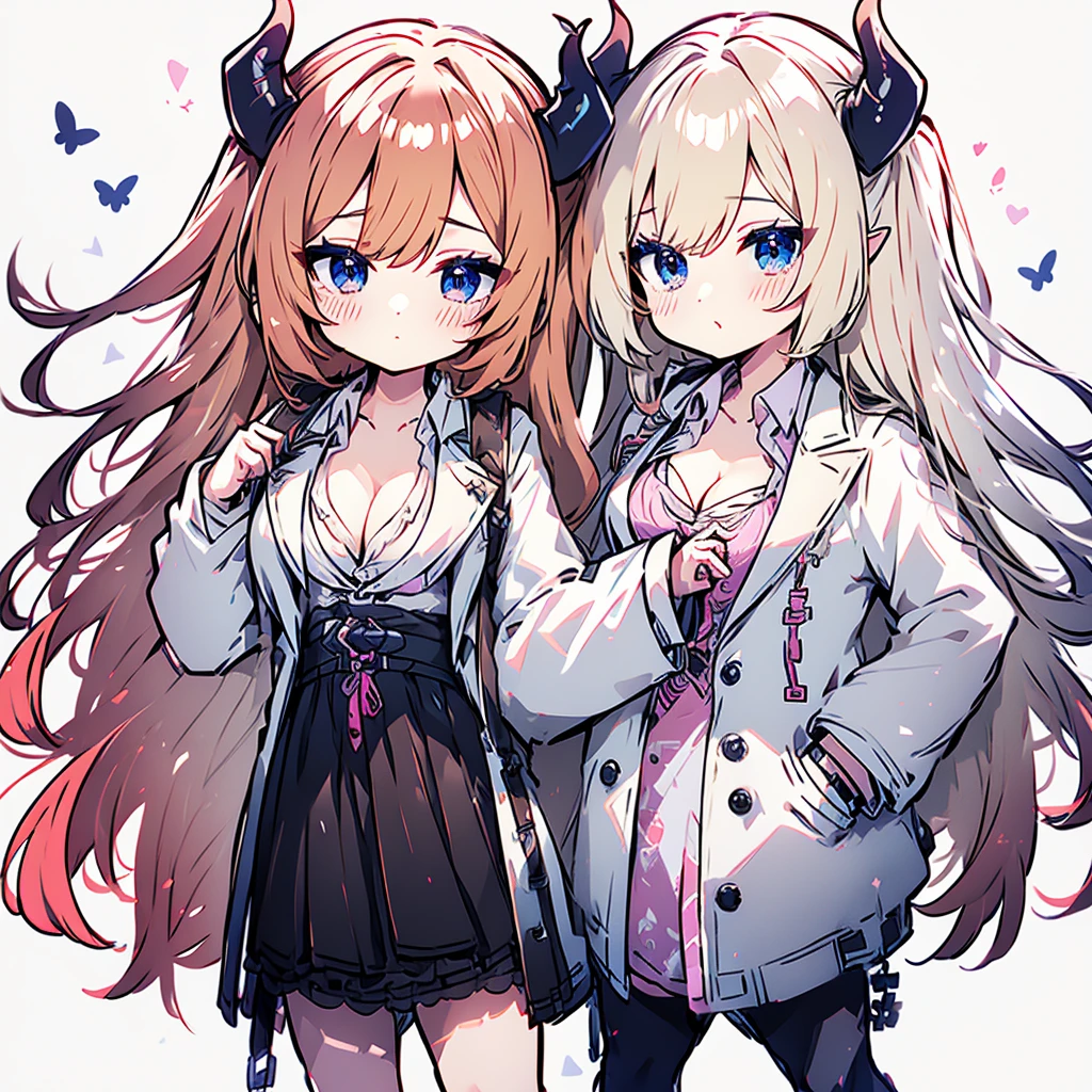 chocoyuzuki, choco yuzuki, aqua eyes, black horns, blonde hair, demon girl, demon horns, demon tail, demon wings, gradient hair, horn ornament, horn ring, horns, long hair, multicolored hair, pink hair, pointy ears, (swept bangs:1.5), tail, wings, colored tips, smile,
BREAK black skirt, breast tattoo, (cleavage:1.2), frilled shirt, frills, lab coat, (white labcoat:1.5), (pink shirt:1.2), shirt, skirt, tattoo,
BREAK indoors, bed,
BREAK looking at viewer, (cowboy shot:1.5), dynamic pose,
BREAK (masterpiece:1.2), best quality, high resolution, unity 8k wallpaper, (illustration:0.8), (beautiful detailed eyes:1.6), extremely detailed face, perfect lighting, extremely detailed CG, (perfect hands, perfect anatomy),