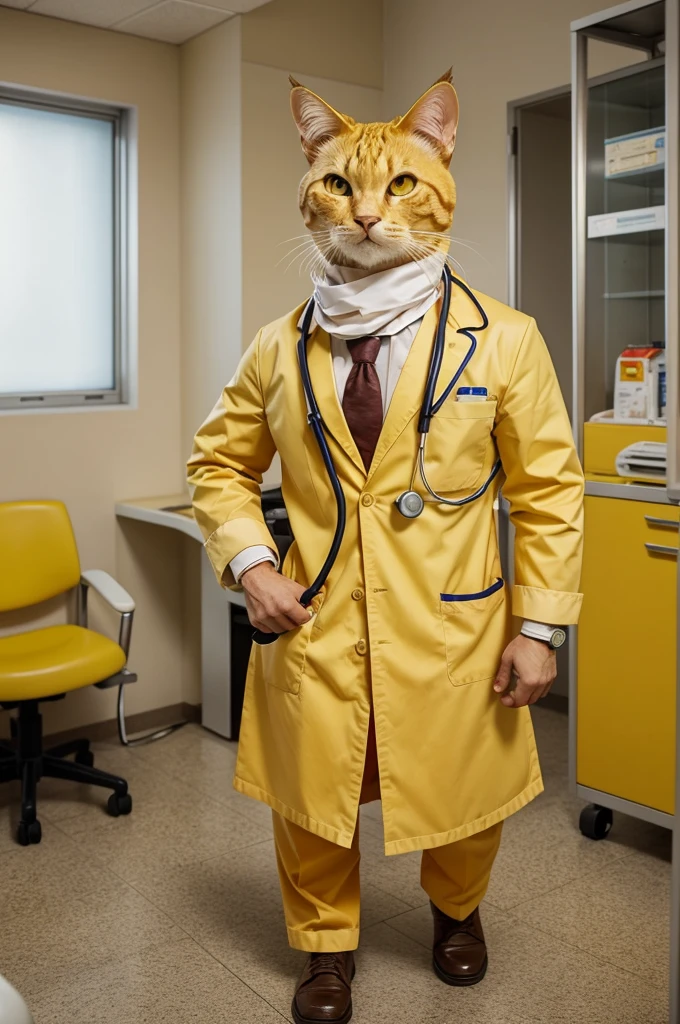 It sounds like you are looking for an illustration or description of a character that is a mix between a yellow cat and a human, dressed as a doctor in a hospital setting. Here’s a descriptive outline: