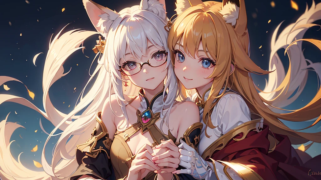 ((Best quality)), ((masterpiece)), (detailed), best quality，8K，original photo，This is a perfect face，Fox-eared maiden，touch fox，Castle Background， Liveliness. Carefree happy joy bokeh background. Quiet aesthetics. Soft lighting. Artistic Lighting. wearing glasses