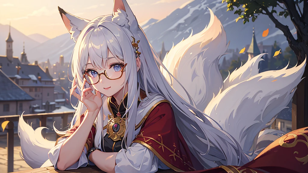((Best quality)), ((masterpiece)), (detailed), best quality,8K,original photo,This is a perfect face,Fox-eared maiden,touch fox,Castle Background, Liveliness. Carefree happy joy bokeh background. Quiet aesthetics. Soft lighting. Artistic Lighting. wearing glasses
