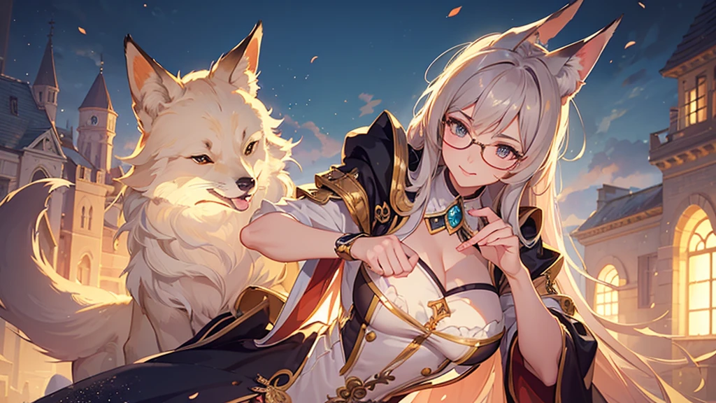 ((Best quality)), ((masterpiece)), (detailed), best quality,8K,original photo,This is a perfect face,Fox-eared maiden,touch fox,Castle Background, Liveliness. Carefree happy joy bokeh background. Quiet aesthetics. Soft lighting. Artistic Lighting. wearing glasses