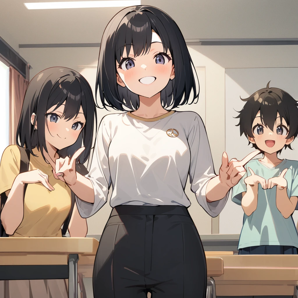 A confident smile, Two students demonstrating a gesture commonly associated with a peace sign while speaking by, slacks, Black Hair, indoor,  skirt, shirt, ((((complete fiでe fingers))))