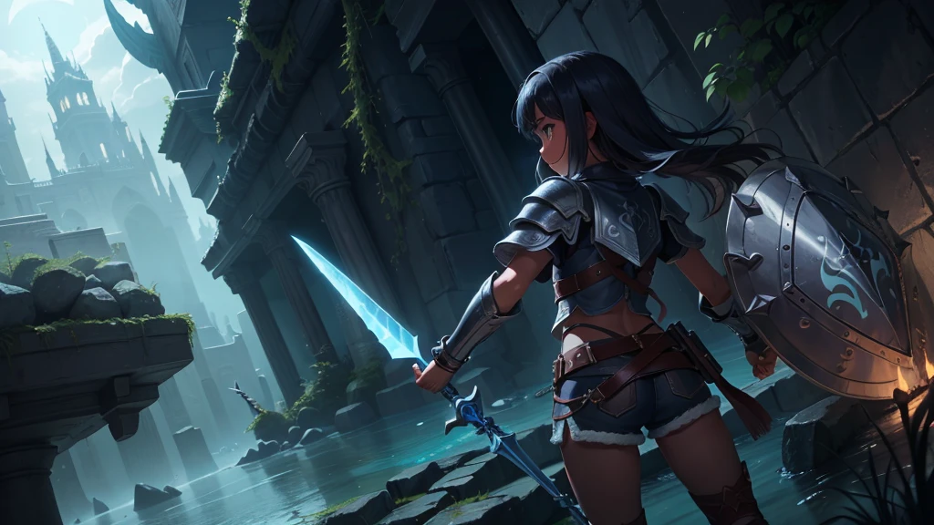 最high quality、high quality、Simple Cloth Armor、10Year-old girl adventurer、Pitch-dark underground labyrinth、No light、Shorts、Equipped with a dagger and a shield,, Partially underwater,