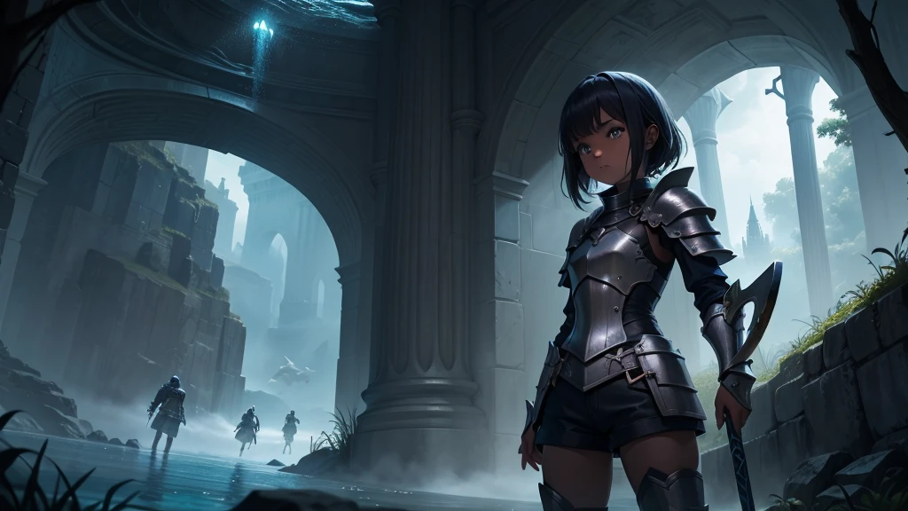 最high quality、high quality、Simple Cloth Armor、10Year-old girl adventurer、Pitch-dark underground labyrinth、No light、Shorts、Equipped with a dagger and a shield,, Partially underwater,
