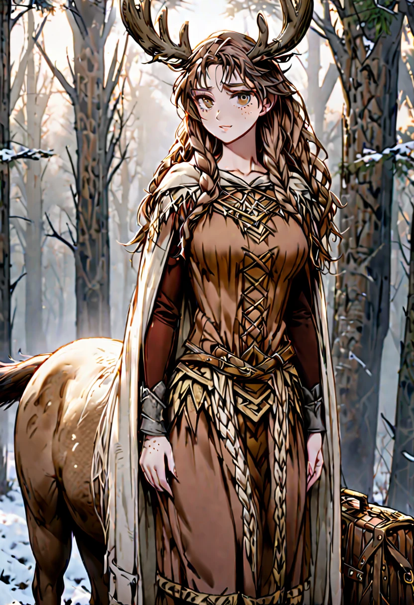 Solo, female, sfw, medium shot, brown hair, long hair, wild hair, deer antlers, huge woman, brown eyes, cape, winter, forest, freckles, shy smile, shy pose, ((deertaur)), deer centaur, villager clothes, medieval, deer body, deer lower body, luggage, braids:1.3, slender