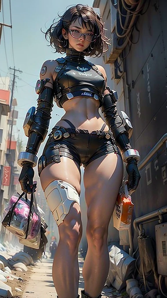 Woman body defined thick thighs cybernetic body parts, short underwear