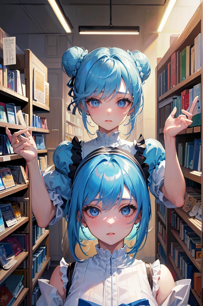 8K, Highest quality, masterpiece, Ultra-detailed、Light blue hair、Medium hair 、double hair buns、double hair buns、Bun Hair、full lips、Blue Eyes、18Year-old beauty、Portrait、library、Off-the-shoulder knit、Shorts、Library、Random facial expressions
