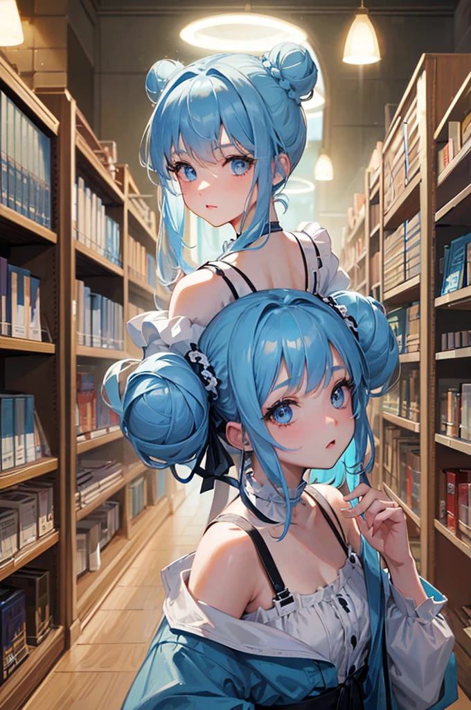 8K, Highest quality, masterpiece, Ultra-detailed、Light blue hair、Medium hair 、double hair buns、double hair buns、Bun Hair、full lips、Blue Eyes、18Year-old beauty、Portrait、library、Off-the-shoulder knit、Shorts、Library、Random facial expressions