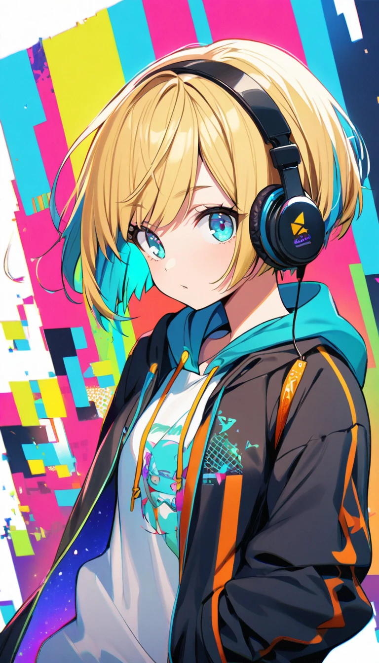 1girl, boyish, aqua eyes, blond hair, short hair, colorful inner hair, headphone, hoodie