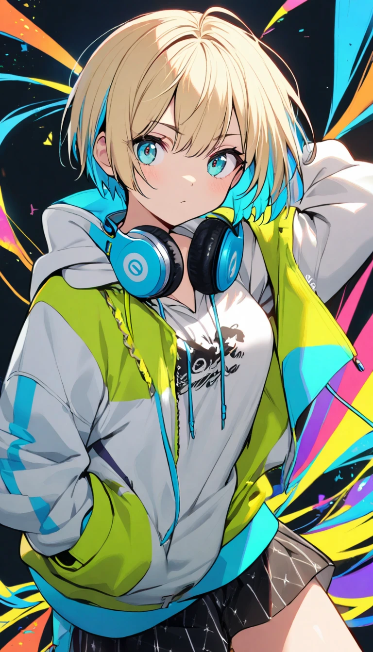 1girl, boyish, aqua eyes, blond hair, short hair, colorful inner hair, headphone, hoodie