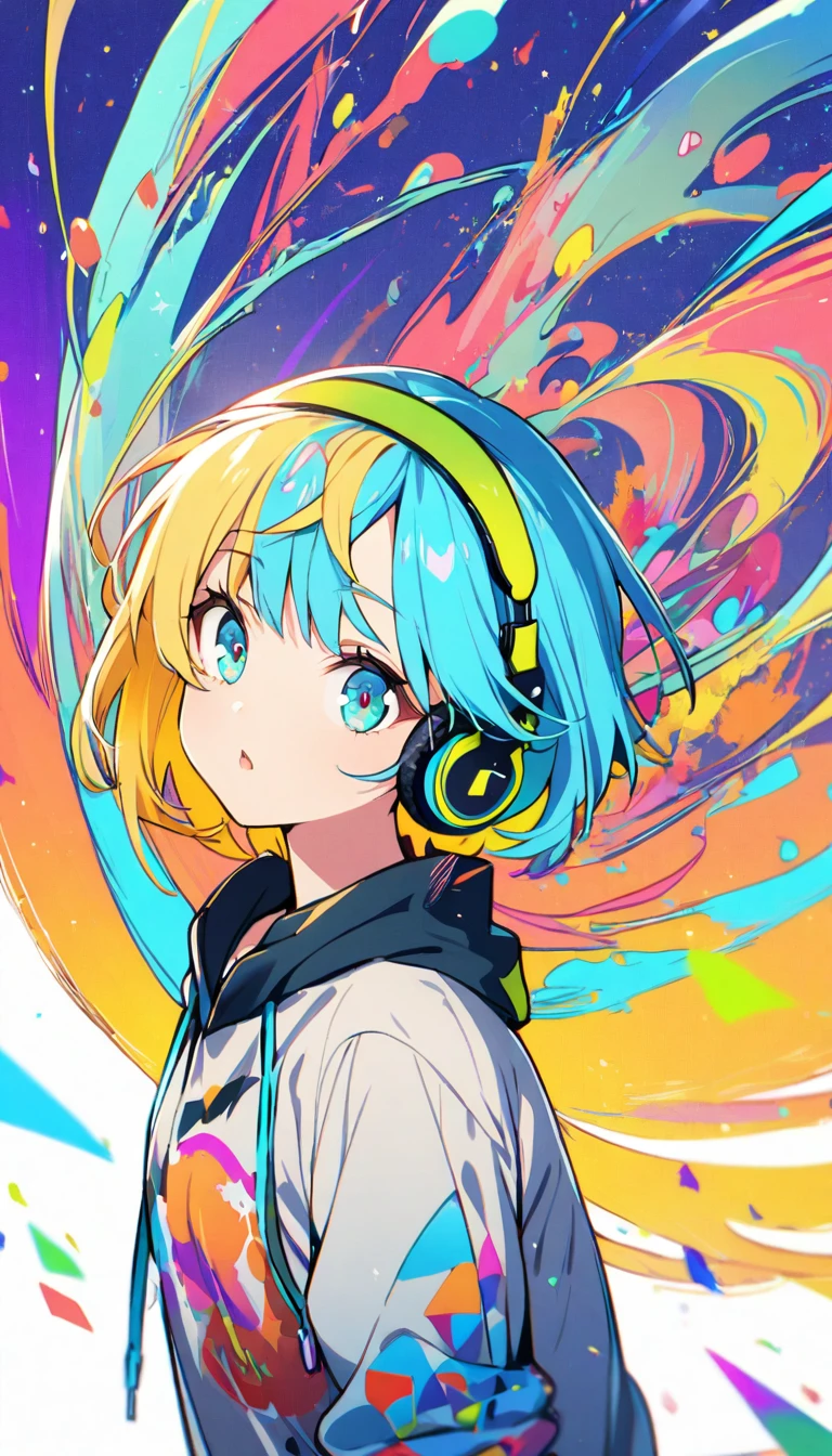 1girl, boyish, aqua eyes, blond hair, short hair, colorful inner hair, headphone, hoodie