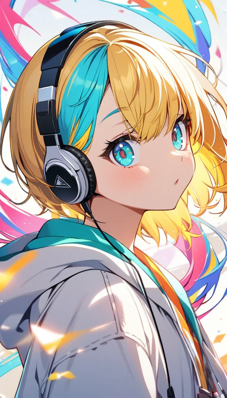 1girl, boyish, aqua eyes, blond hair, short hair, colorful inner hair, headphone, hoodie