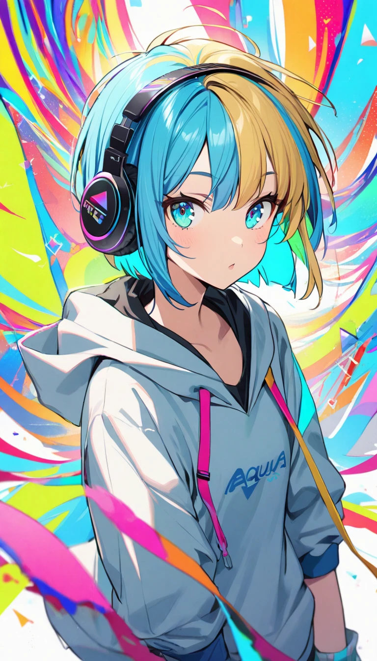 1girl, boyish, aqua eyes, blond hair, short hair, colorful inner hair, headphone, hoodie