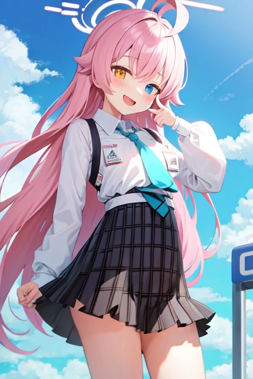 masterpiece, Highest quality, Super detailed, One girl, Hoshino, White shirt, Pleated skirt, Are standing, 
Outdoor,thumbs up,cheerful
