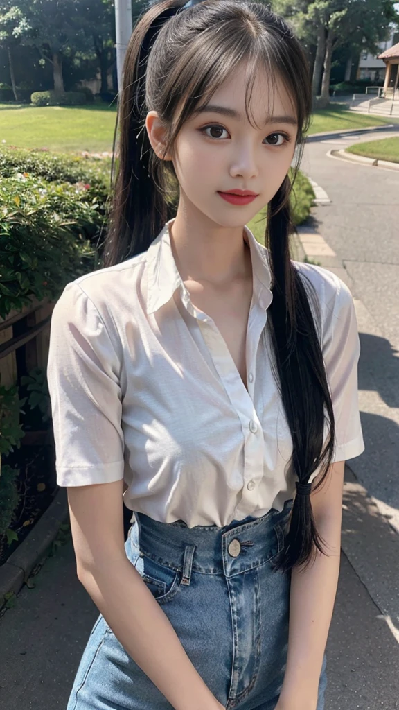 White collared shirt,jeans,Park,On the lawn,Close up face,One woman,masutepiece, The highest image quality, High quality, the background is clear,Beautiful woman, Japanese,Ultra-detailed, finely detail, hight resolution, 8K Wallpaper, Perfect dynamic composition, Beautiful detailed eyes , Detailed, Detailed eyes, Detailed skin, Beautiful skin, 超hight resolution, (reality: 1.4),Very beautiful woman, Slightly younger face, Beautiful skin, slender, (Ultra photo realsisim), (hight resolution), (8K), (Very detailed) (beautifully detailed eyes), (super detailed), (Detailed face), view the viewer, Fine details, Detailed face, Staring straight ahead, Staring straight ahead, photos realistic, Bright lighting, Professional Lighting, Black hair,poneyTail,a baby face,fourteen years old,Hairstyle: ponytail,Long ponytail hairstyle,slight smile,neat and tidy clothing,Beautiful Japanese KPOP idol photo, hair style is ponytail, my eyes are double and wide, baby face, smile and look straight ahead, slender, small breasts,Close up face,