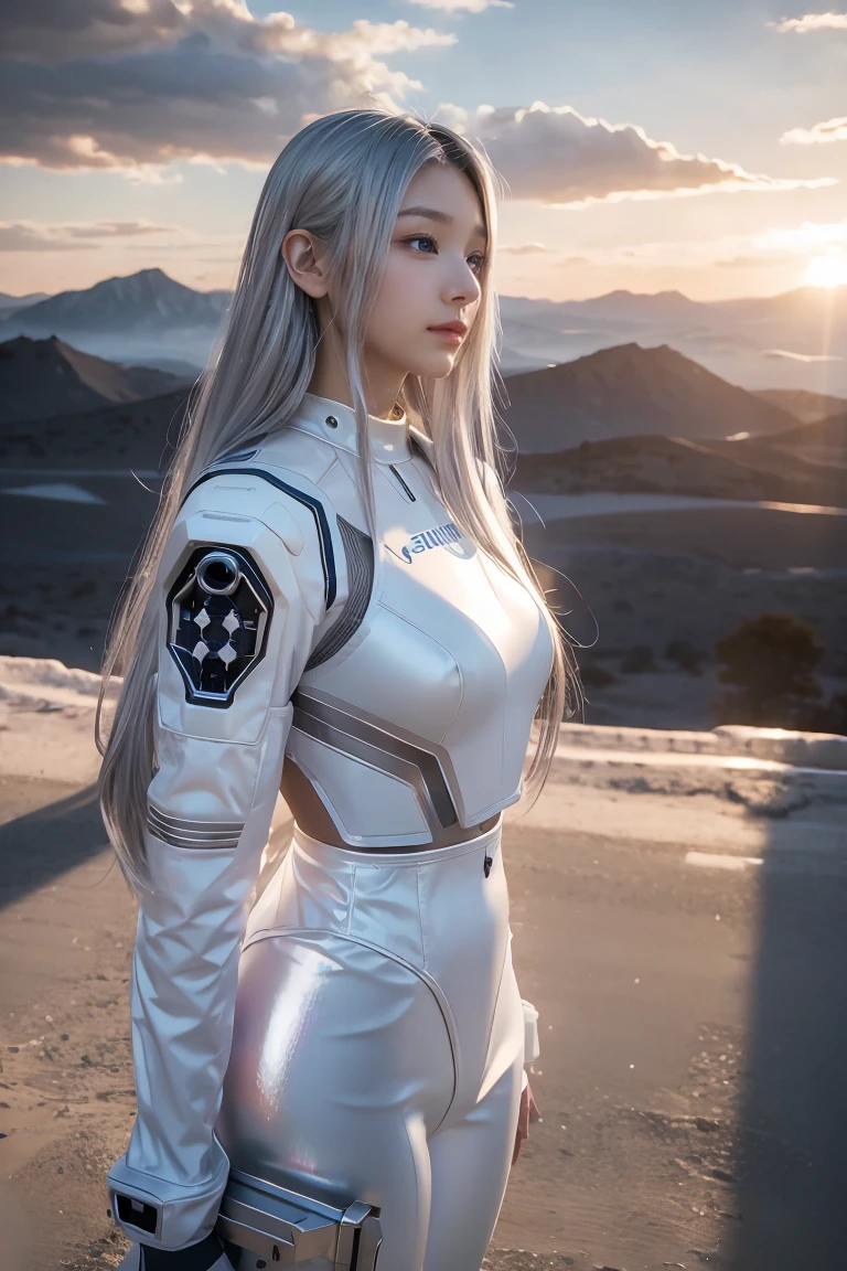 ((masterpiece, best quality, extremely detailed), volumetric lighting, ambient occlusion, colorful, glowing),
1girl, solo, young girl, (silver hair), long hair, halo, aura, sacred, goddess, cyber suit, (white outfit:1.3),
outdoors, sunset, sky, clouds, space, (cyberpunk theme:1.2),