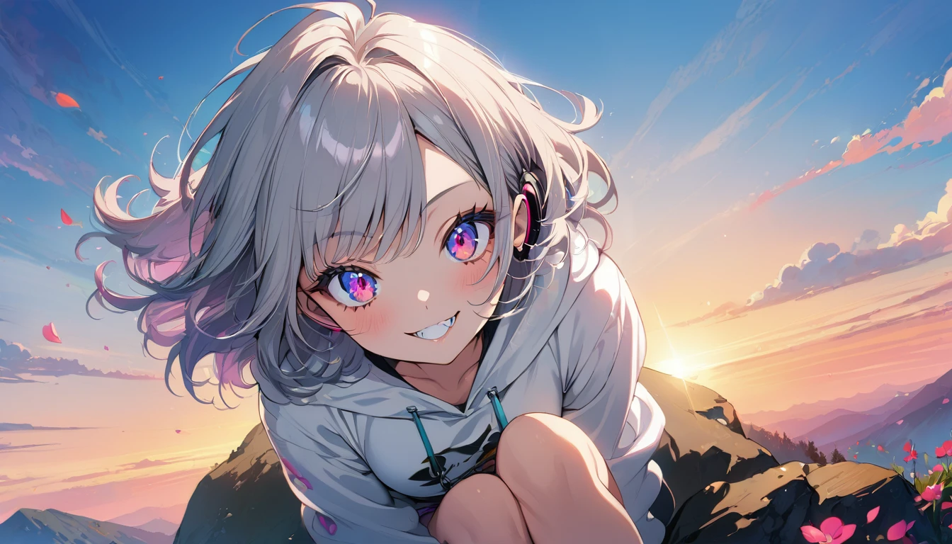 ((Masterpiece)), ((best quality)), (Anime:1.3), (super detail:1.2), (High Definition:1.3), (Professional Photography:1.3),cute young Girl, Glossy unruly hair, (loose swept bangs), (silver ash hair), medium hair, big eyes, (Eye bags:1.3), (Long eyelashes), colorful eyes, (evil smile and blush), Glossy lips, (jagged teeth), ((white hoodie with oversized)), barearms, cute, (colorful:1.3), gothic makeup, (sitting on the edge), colorful petals dance around her, beautiful sunset, Peter Benjamin Graham, a wanderer on a mountain, wearing headphones, full body, (gazing skyward:1.3),(high angle:1.3),