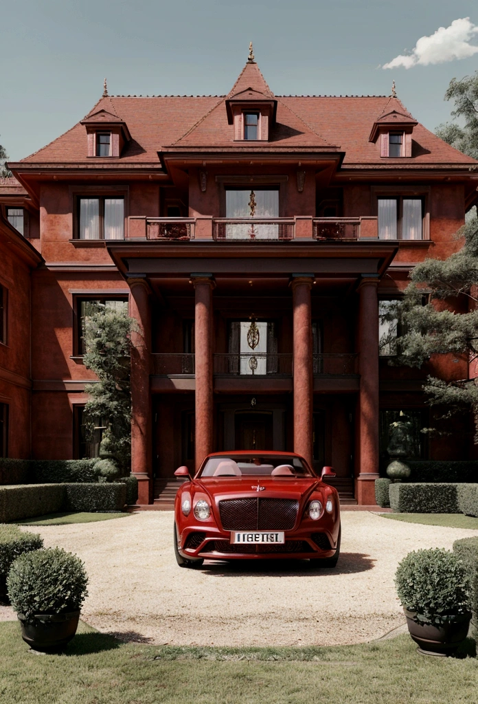 A beautiful high-luxury European-style mansion with red walls and red details,  with a red Bentley car parked in front of the mansion