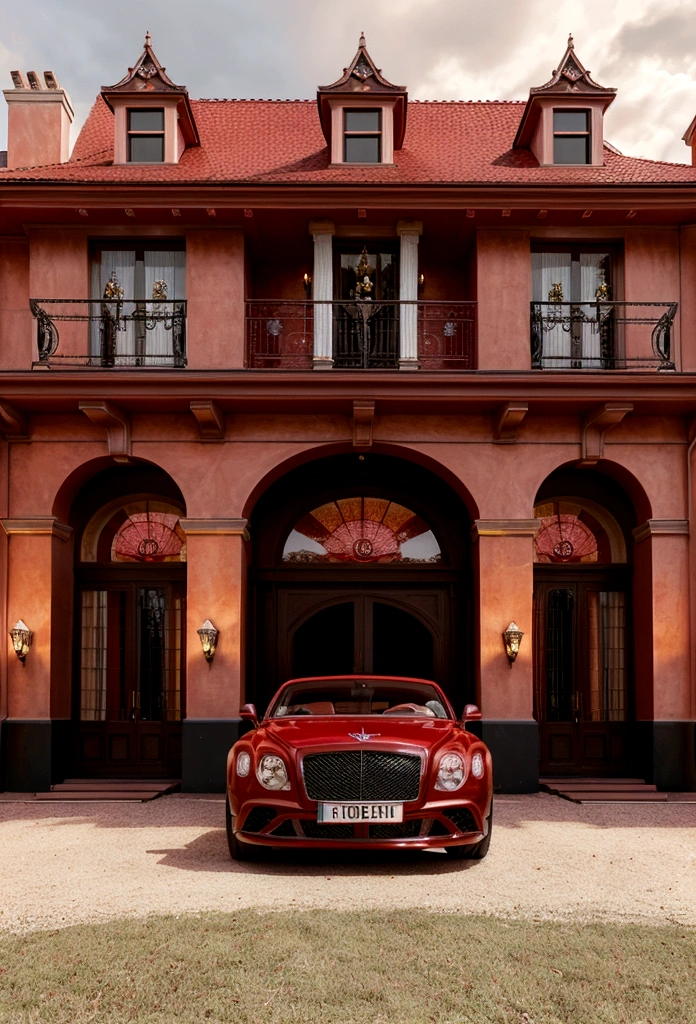 A beautiful high-luxury European-style mansion with red walls and red details,  with a red Bentley car parked in front of the mansion