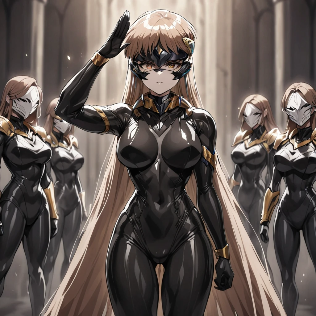 ((Highest quality)), ((masterpiece)), (detailed), （Perfect Face）、The woman is Princess Leona, with medium-long light brown hair, wearing a black shiny bodysuit and full-face mask, standing upright while saluting, and becoming an evil fighter.、Women are brainwashed, expressionless, and have no highlights in their eyes.