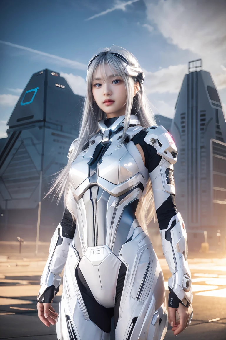 ((masterpiece, best quality, extremely detailed), volumetric lighting, ambient occlusion, colorful, glowing), 
1girl, solo, young girl, (silver hair), long hair, halo, aura, sacred, goddess, cyber suit, (white outfit:1.3), 
outdoors, sunset, sky, clouds, space, (cyberpunk theme:1.2),