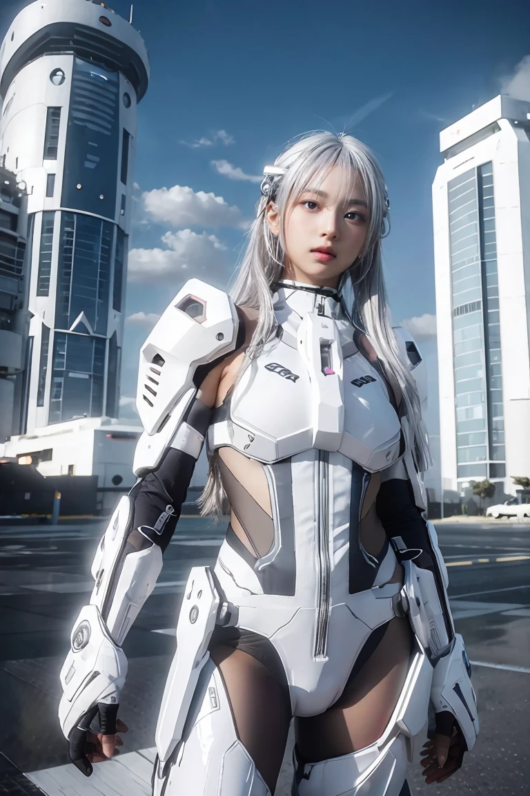 ((masterpiece, best quality, extremely detailed), volumetric lighting, ambient occlusion, colorful, glowing), 
1girl, solo, young girl, (silver hair), long hair, halo, aura, sacred, goddess, cyber suit, (white outfit:1.3), 
outdoors, sunset, sky, clouds, space, (cyberpunk theme:1.2),