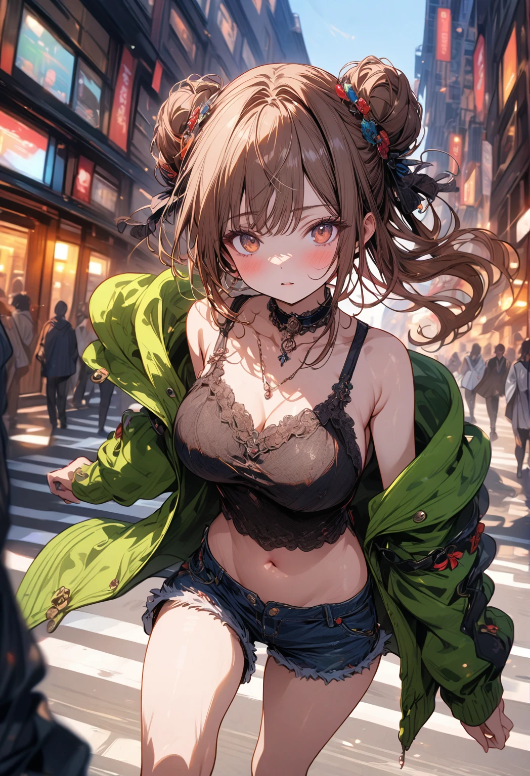 ((masterpiece:0), best quality, very aesthetic, newest, absurdres, detailed, high quality)
BREAK
highest quality, top quality, details, highres, ultra fine painting, digital art, official art, cinematic, 4k, 8k resolution, 8K CG wallpaper, CG, original artwork, detailed background, colorful background, blue atmosphere, High Dynamic Range, blurry background, blue hour, Starburst effects, crepuscular rays, good ISO, high resolution, wide shot, from far away, RAW photo, POV, sharp focus, light reflection, reflections, intricate details, soft light, particle noise, professional photography, bokeh, depth of field, natural lighting, vibrant colors, looking away, detailed lights and shadows, stylish, ultra-detailed, top rated on Pixiv, trending on Artstation, niji style, modern-days, master crafted, pose
BREAK
solo, close up shot, from above, 1girl, pale skin, correct fingers, detailed hand, (big breasts:1.2), big thighs, small torso, short body, flushtered, blush, anxious expression, casual, slim, ((cute, childlike face):1.3), nice hips, nice body, brown hair, (very long hair, (big 2 buns hairstyle)), long bangs, long hair, middle hair bangs, brown eyes
BREAK
(black string tank top, choker, off shoulder open green hoodie, (tummy skin), open unbuttoned shorts, many colors outfit ornaments)
BREAK
a person walking down a street with a crowd of people, crowded street, crowded streets, in front of a large crowd, giant crowd, girl walking through city, people walking down a street