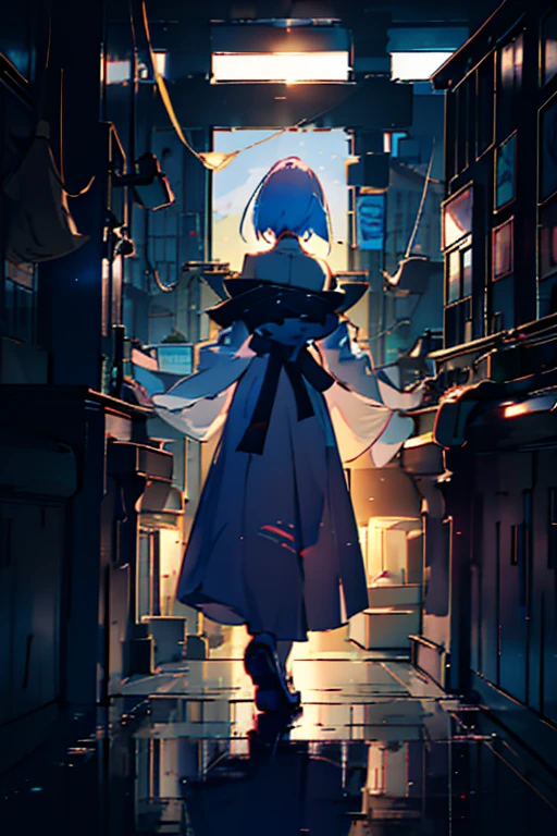 {{masterpiece, Highest quality, Highly detailed CG, unity 8k wallpaper, Cinema Lighting, }}, Sony a7, Wide Frame, girl,whole body,smile,Short Bob,Hair color: Blue,Age 25,A glittering night in Tokyo,Walking alone,Big eyes,Long eyelashes,Long skirt,No sleeve