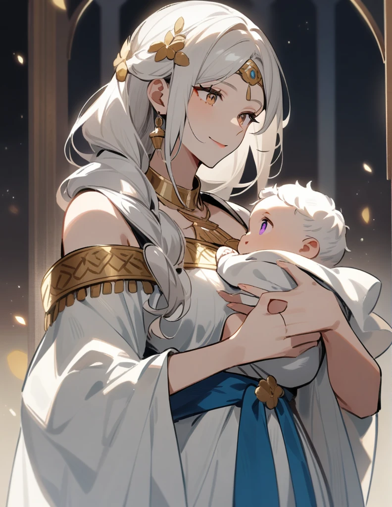 Greek woman with long white hair and brown eyes, in Greek costumes, holding her baby high while smiling, the baby has white hair and violet eyes