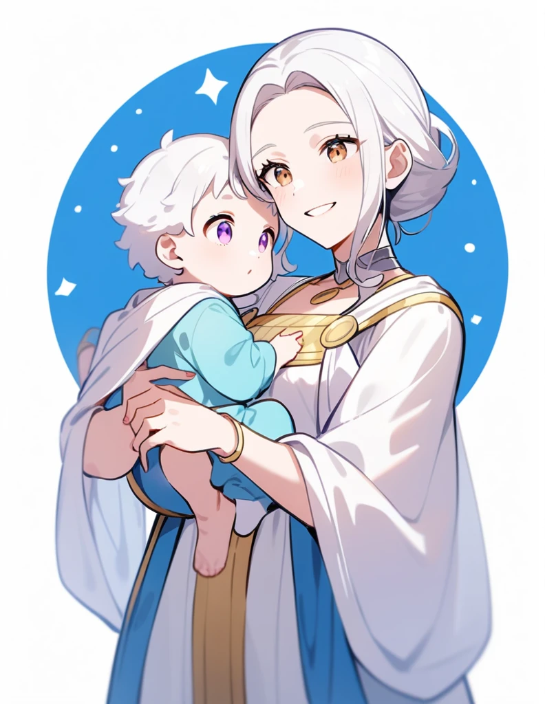 Greek woman with long white hair and brown eyes, in Greek costumes, holding her baby high while smiling, the baby has white hair and violet eyes