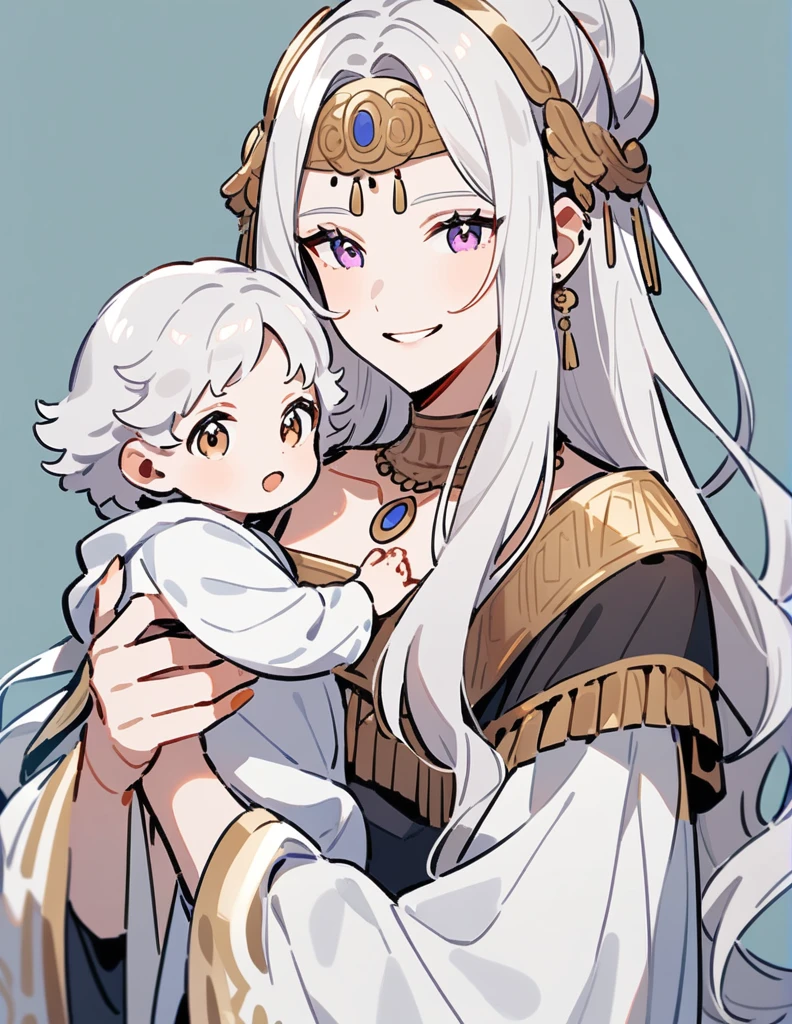 Greek woman with long white hair and brown eyes, in Greek costumes, holding her baby high while smiling, the baby has white hair and violet eyes