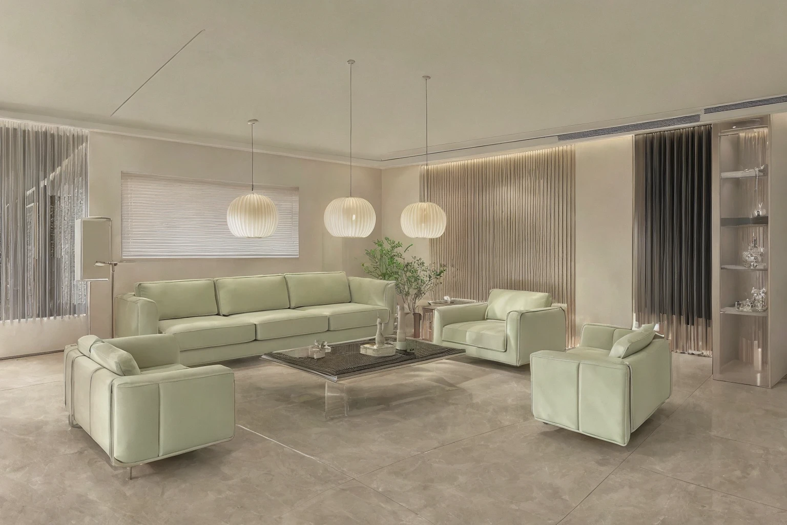 A luxurious living room welcomes you as you step inside, with its spacious and bright floor-to-ceiling glass windows. Through the windows, a lush green courtyard greets your eyes, with flowers and trees swaying gently in the breeze. The entire space is adorned in a palette of light gray and ivory white, with clean lines and unique decorations that are pleasing to the eye. As you walk, your feet sink into the plush carpet, providing a soft and comfortable sensation. Soothing music permeates the air, creating a tranquil ambiance. The velvet cushions on the sofa exude a sense of infinite luxury and taste.