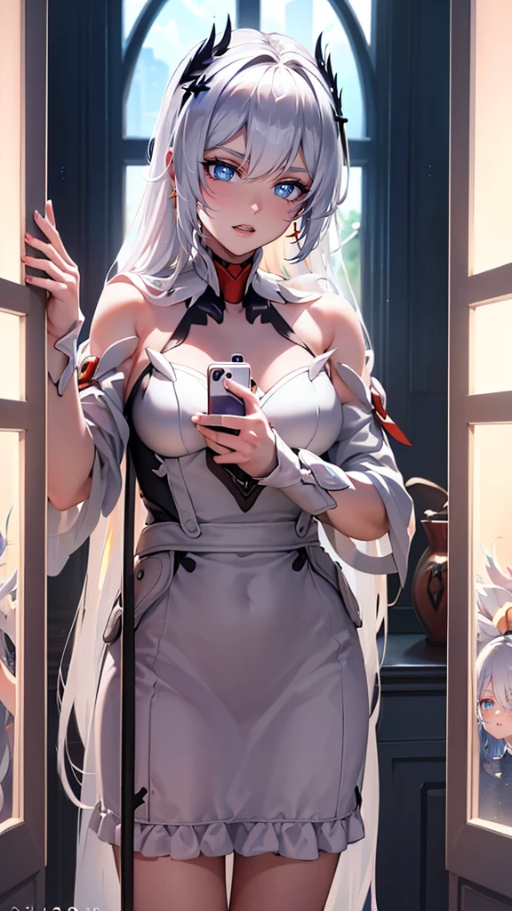 1girl, long_hair, beautiful detailed eyes, beautiful detailed lips, extremely detailed face, longeyelashes, maid, posing, selfie shot, mirror, window, radiant skin, natural lighting, soft colors, dreamy, serene, (best quality,4k,8k,highres,masterpiece:1.2),ultra-detailed,(realistic,photorealistic,photo-realistic:1.37)
