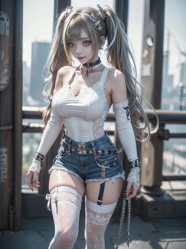 (Full body:1.5)、(Full body:1.2)、(Smiling with teeth showing:1.3),(Shibuya Gal:1.5)、(Neo-goth style fashion:1.5)、(Punk RockVisual Kei:1.4)、(Medieval noble gimp in denim and silver and white:1.5)、(Denim medieval white arm covers and garter shorts:1.5)、(White denim high heels:1.3)、(Wearing silver accessories:1.5)、(Denim collar:1.4)、(White leather garter belt:1.4)、(Brown Skin Belt:1.3)、(White lace underwear:1.5)、20-year-old、NSFW、((Highest quality、In 8K、masterpiece:1.3))、Sharp focus:1.2、(Layered Cut、Huge boobs:1.1),Beautiful woman with perfect figure:1.4、(Dancing vigorously:1.3)、Slender Abs:1.2、Highly detailed face and skin texture、Detailed eyes、double eyelid,(Twin tails:1.3)、(Brown-golden hair:1.3)、Gravure idol、(The Caribbean cityscape in the background:1.3)、(Slim body:1.3),(Make your legs thinner:1.4),（clavicle:1.1）