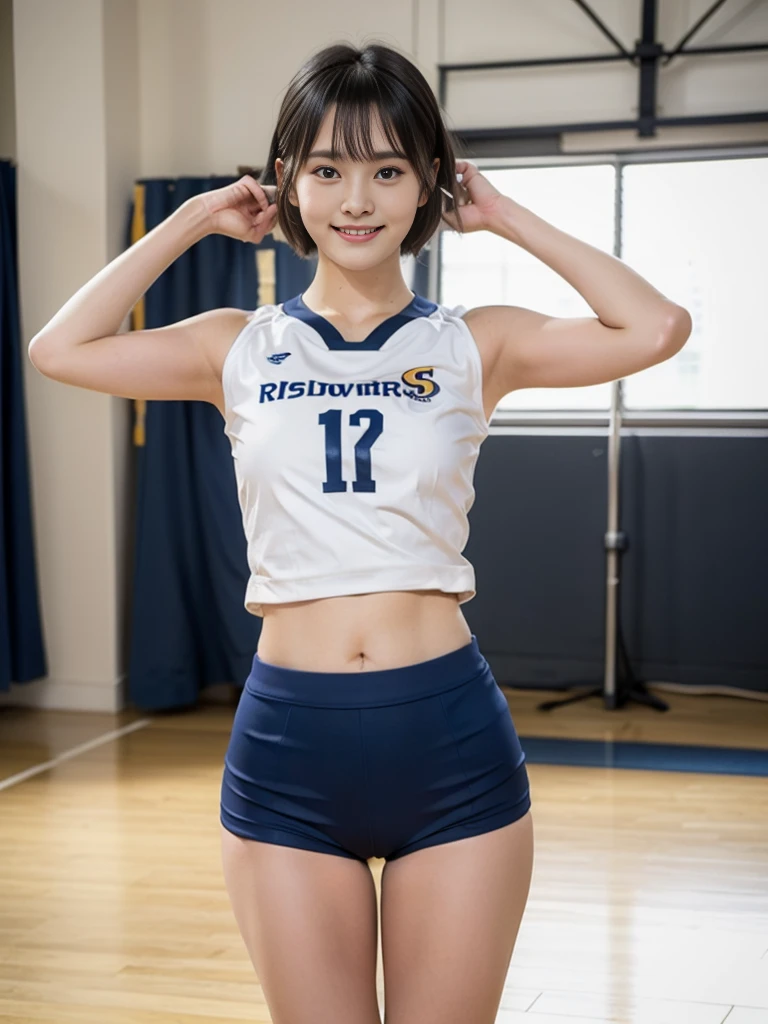 Glossy thighs、(8K、top-quality、masterpiece:1.2)、(realisitic、Photorealsitic:1.37)、ultra-detailliert、top-quality、超A high resolution、professionally lit、Photon mapping、Radio City、physically-based renderingt、Cinematic lighting、depth of fields,Focusing,Sun'rays,Good composition,,(((1 girl of 12 years))),Double eyes、(((white Volleyball uniform 、Dark blue high-leg low-rise bloomers)))、Gymnasium、A big smile、Gymnasium Court, (Tween model, 12 year old girl, young)), Ethereal beautiful, slim, very beautiful short hair,Colossal tits、 Toned abs, short cut hair、Soft light, ((David Hamilton Style)),