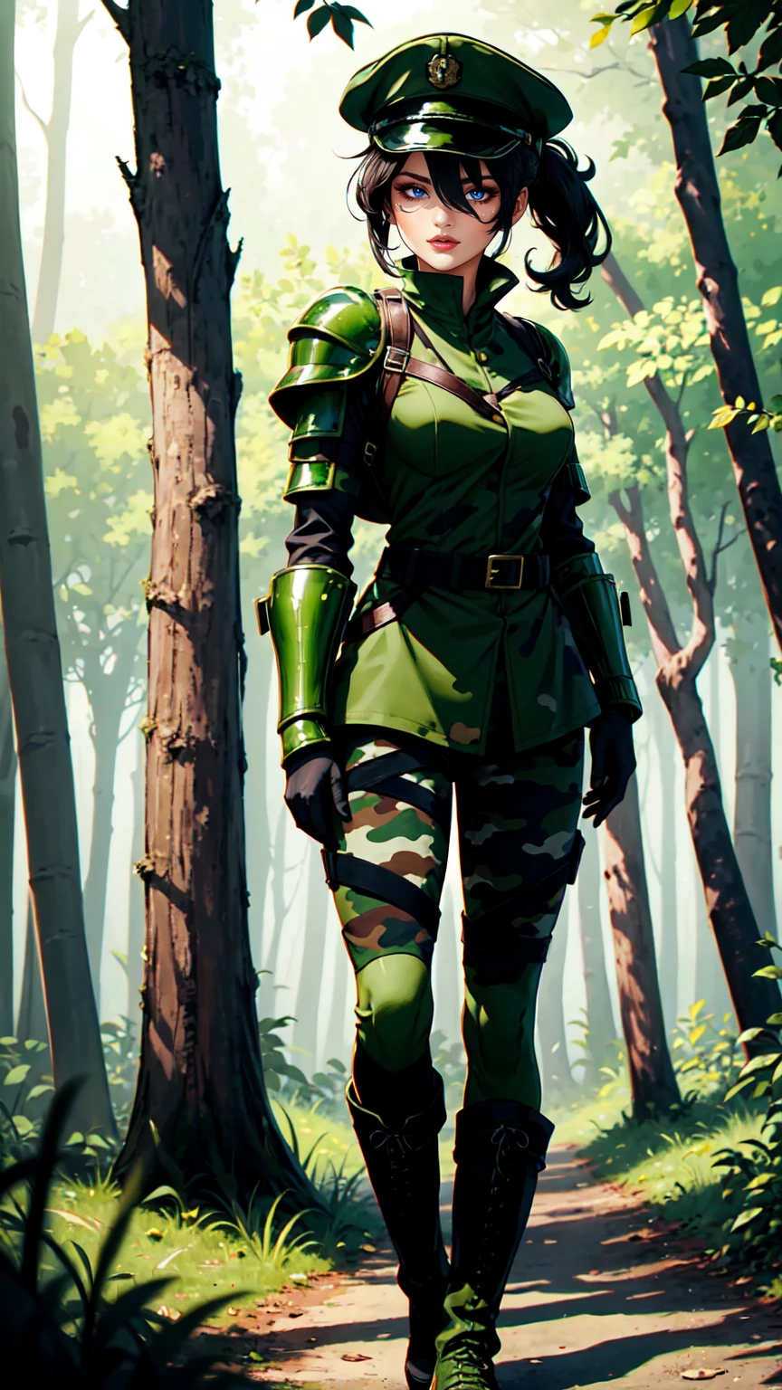 german women,Brow Hair, Ponytail,brown eyes, waering green cap,Oliv green Body Armor,military uniform, Camouglage Trousers, Black longboots, standing in the Forest