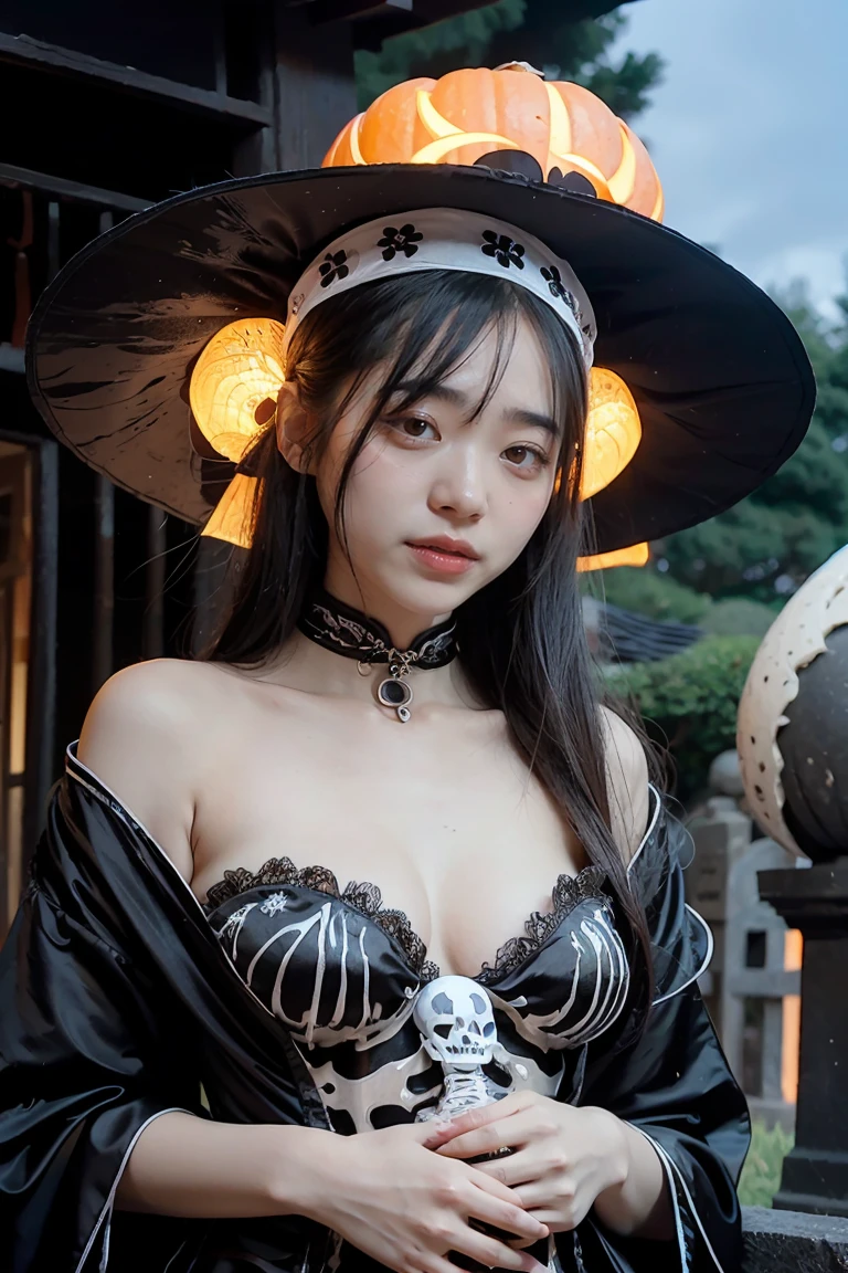 arafed woman in a skeleton costume with a hat on her head, hone onna skeleton geisha, skeleton girl, xue han, goddess of death, goddess of death in a graveyard, inspired by Xie Huan, eerie art style, saint skeleton queen, lulu chen, halloween art style, jingna zhang, wenfei ye, 2 d cg