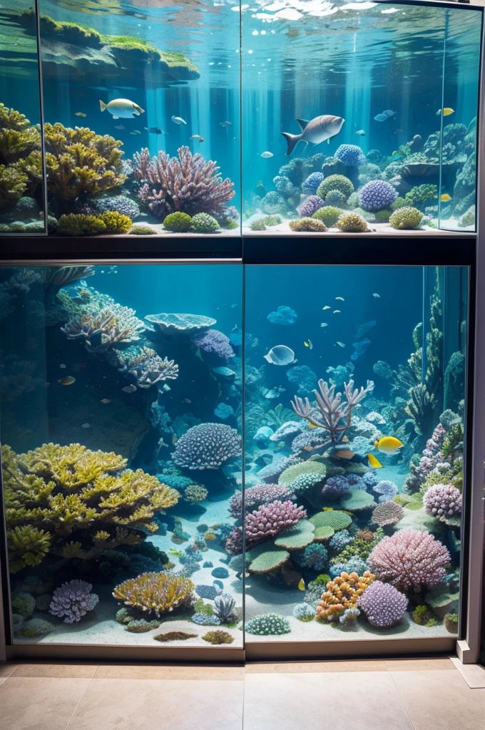 5 continuous aquarium images 1 image with corals as the floor AND 4 continuous side images as the wall 