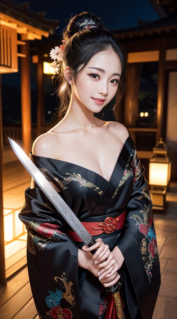 8K Ultra HD, Digital SLR,Film Grain, Fujifilm XT3,(Highest quality:1.3), (masterpiece:1.1), High resolution, Cinematic Light, Intricate details, (Realistic) (Night view) Realistic backlight、Dramatic reddish light、Beautiful Japanese Geisha full body photo, ((Facial texture Pore details)), Grin、Devilish smile, Simple messy hairstyle, She wears a black satin kimono decorated with traditional dragon motifs.., Open shoulders, Colorful dragon tattoos all over the body, Has a long blade, Long-bladed Japan sword in hand,Inside a traditional villa, 8K, Front blur