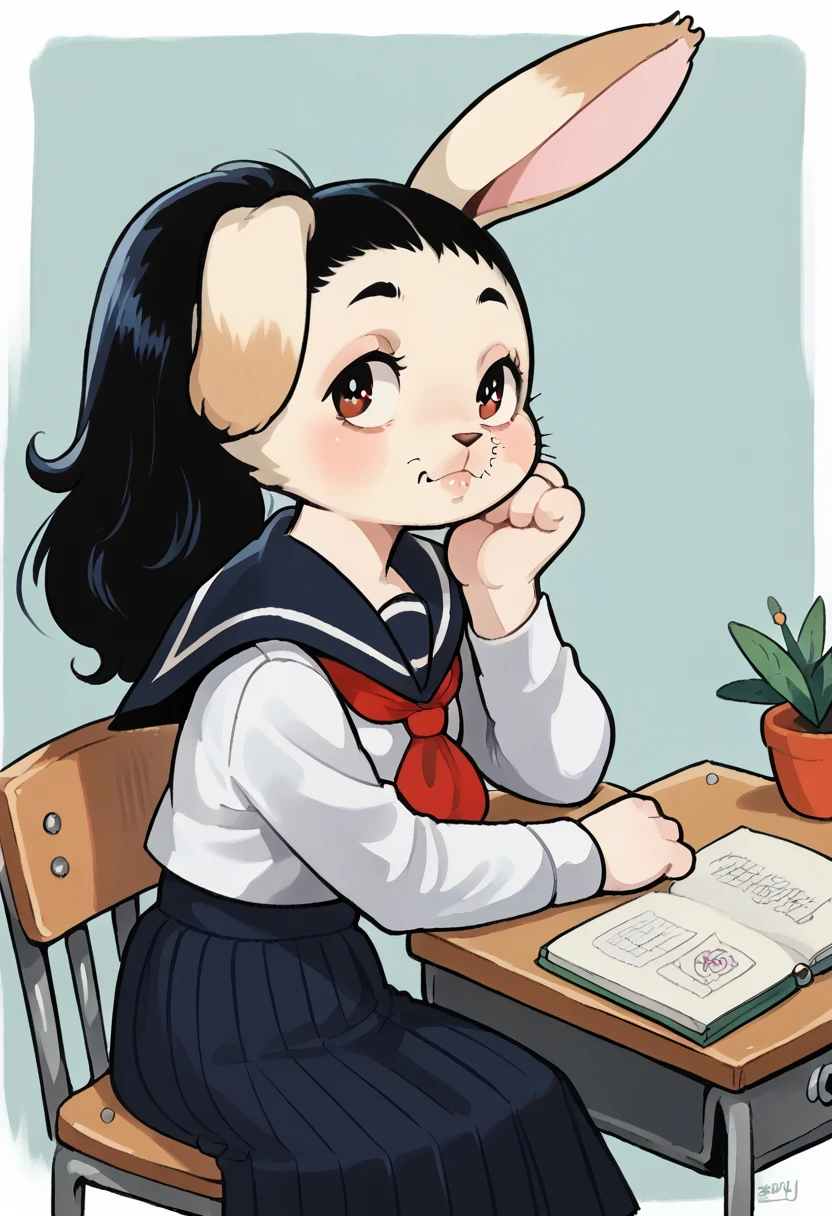 (tezuka osamu style) , left side view , focus face , hairy bunny Short stature girl , (realistic hairy bunny fur:1.2) , round face , (tilt face:1.2) , geek , round eyes , Swollen cheeks , shy , glossy lips , in the school , Class is in progress , school sailor , skirt , sit on chair , Looking Ahead , Bored attitude , Write in a notebook , (fall down on the desk)