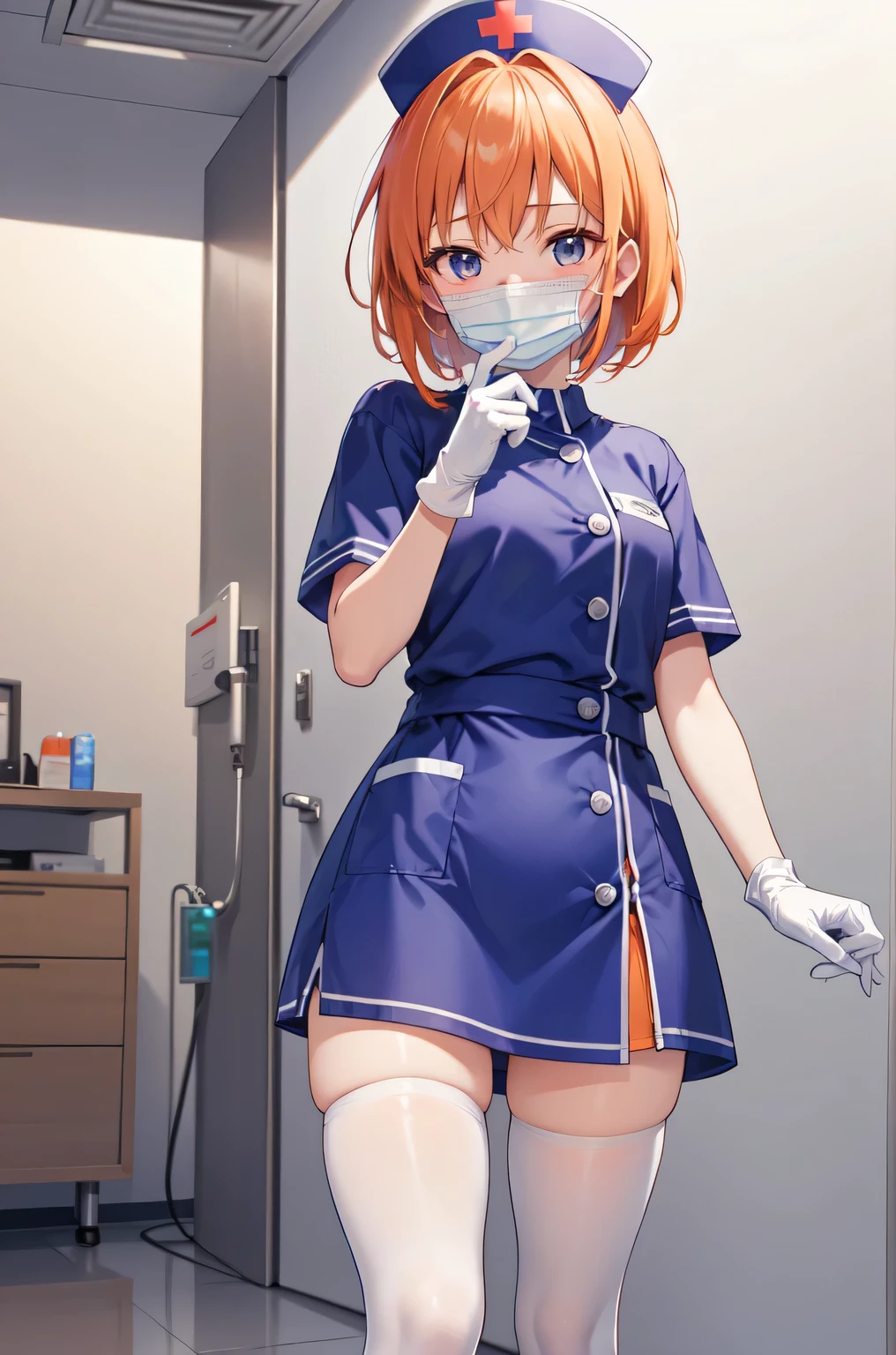 1girl, solo, nurse, nurse cap, white nurse uniform, ((white legwear, zettai ryouiki)), white gloves, very short hair, orange hair, ((white surgical mask, covered nose)), standing, ((hospital room)), sharp outline, short sleeves, tomboy, boyish, best quality, masterpiece